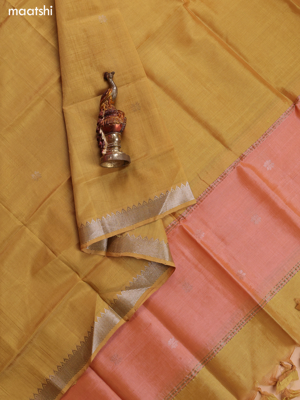 Dual Shade Of Peach and Mustard Mangalgiri Silk Cotton Dress Material With Zari Buttas and Bottom & Dupatta