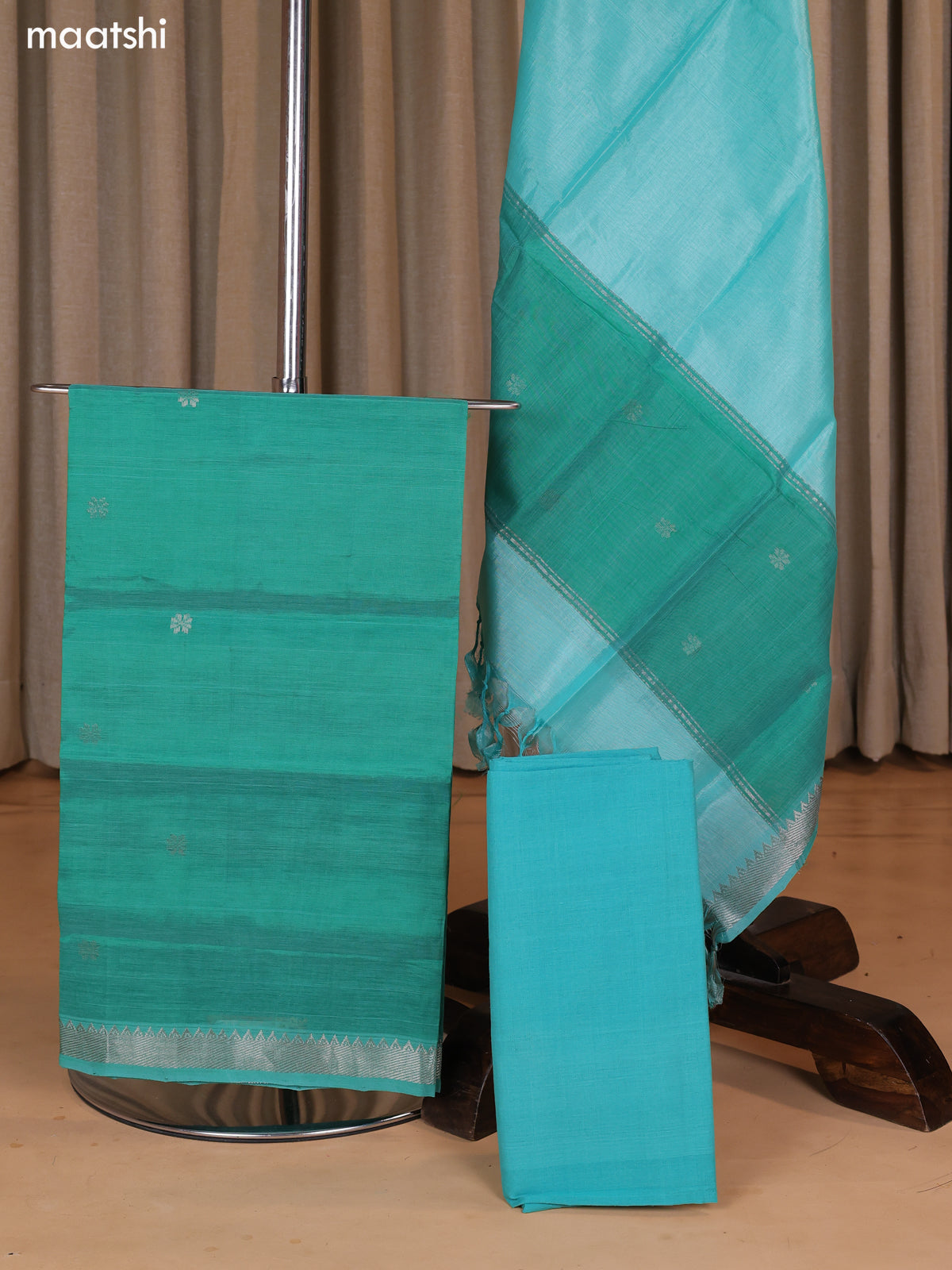 Teal Green and Teal Blue Mangalgiri Silk Cotton Dress Material With Zari Buttas and Bottom & Dupatta