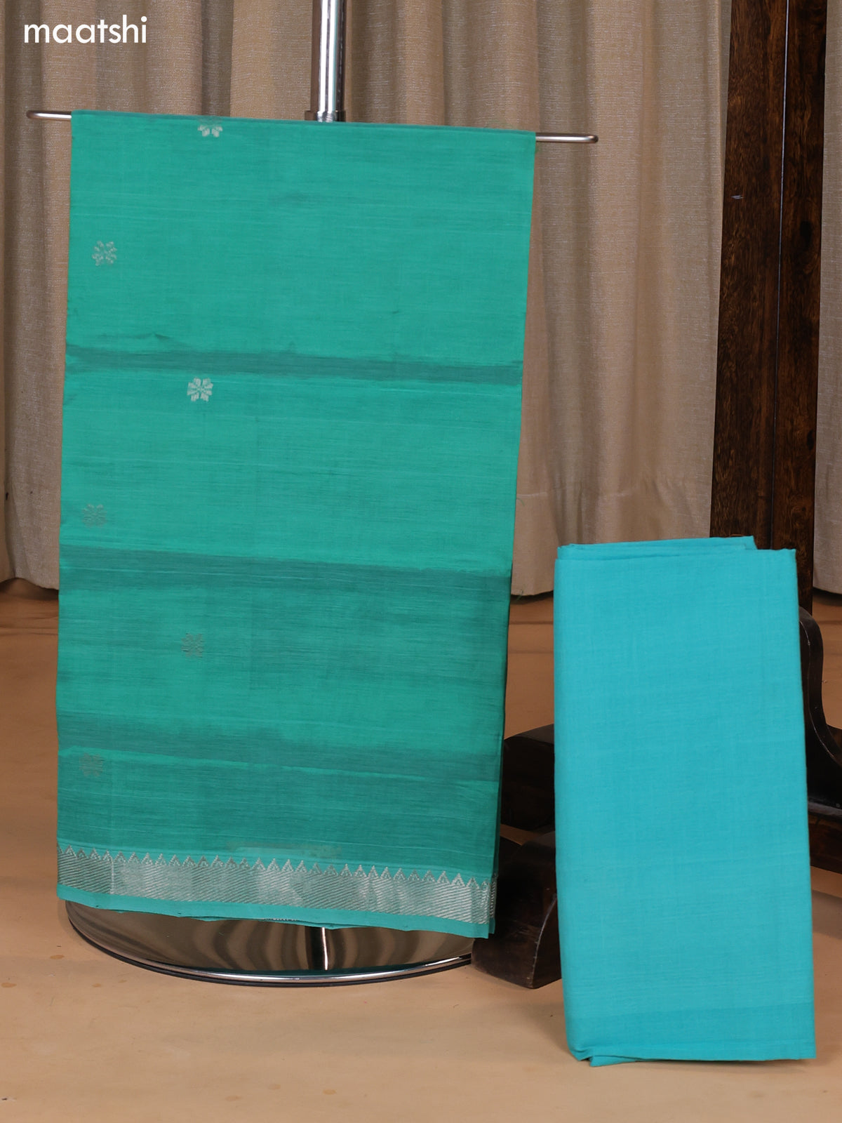 Teal Green and Teal Blue Mangalgiri Silk Cotton Dress Material With Zari Buttas and Bottom & Dupatta