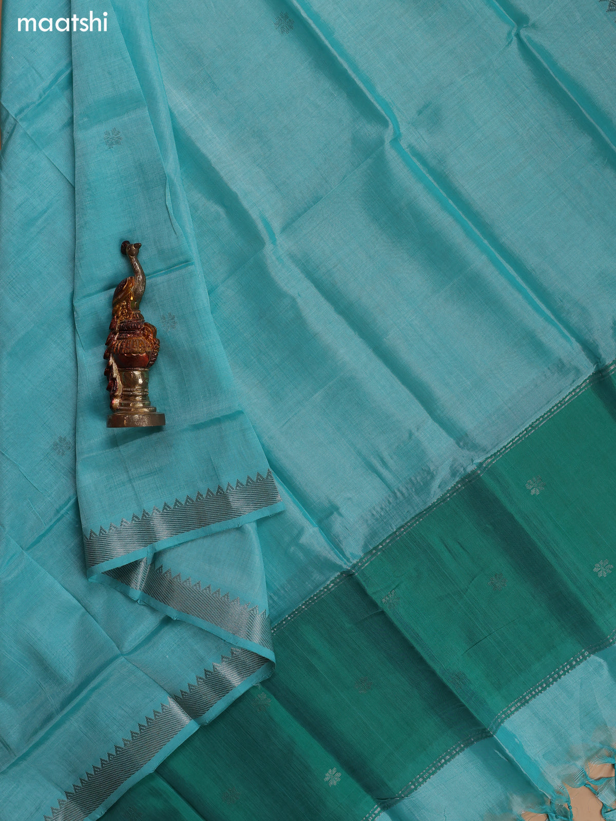 Teal Green and Teal Blue Mangalgiri Silk Cotton Dress Material With Zari Buttas and Bottom & Dupatta