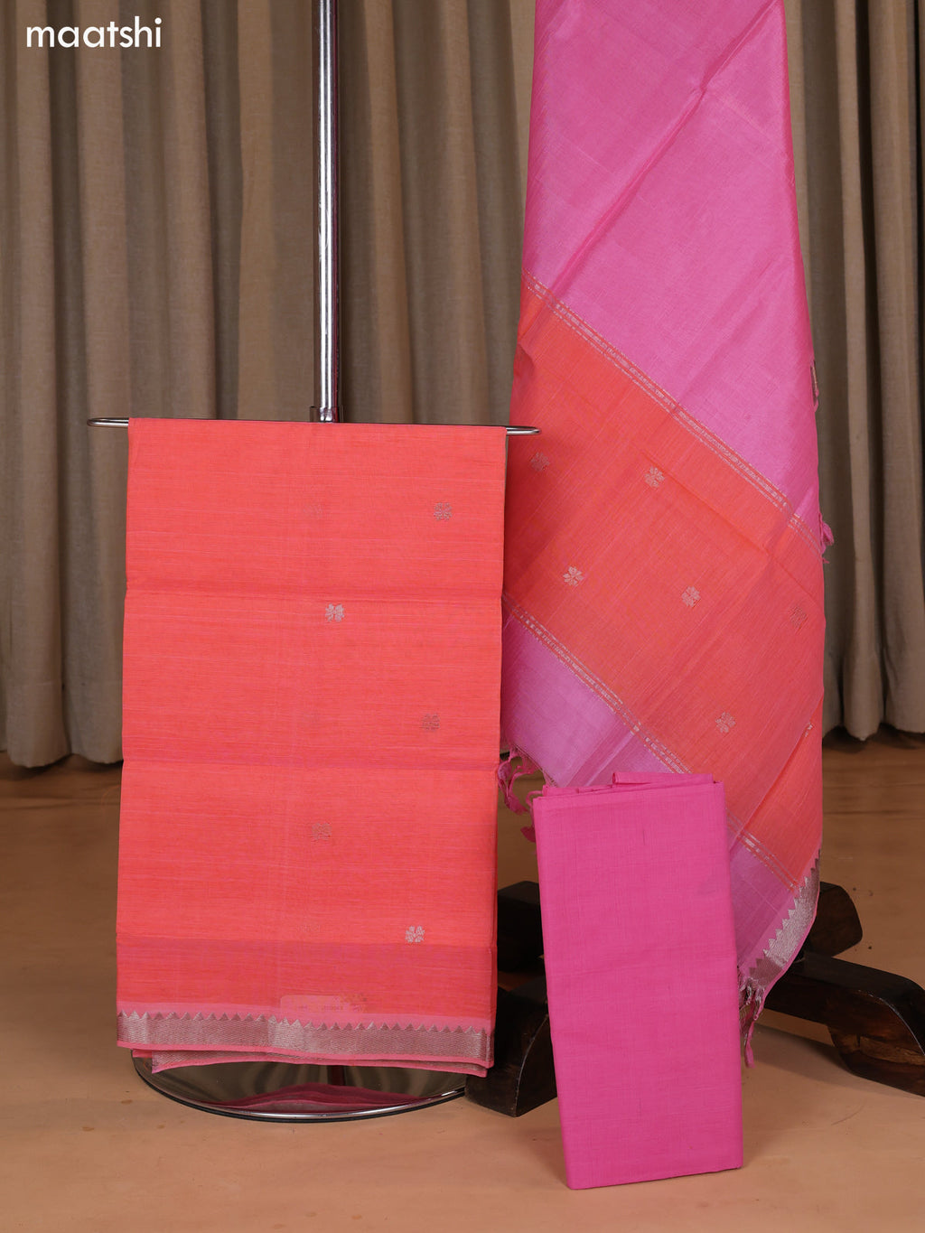 Peach Pink and Pink Mangalgiri Silk Cotton Dress Material With Zari Buttas and Bottom & Dupatta