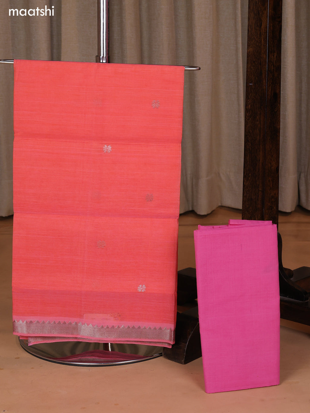 Peach Pink and Pink Mangalgiri Silk Cotton Dress Material With Zari Buttas and Bottom & Dupatta