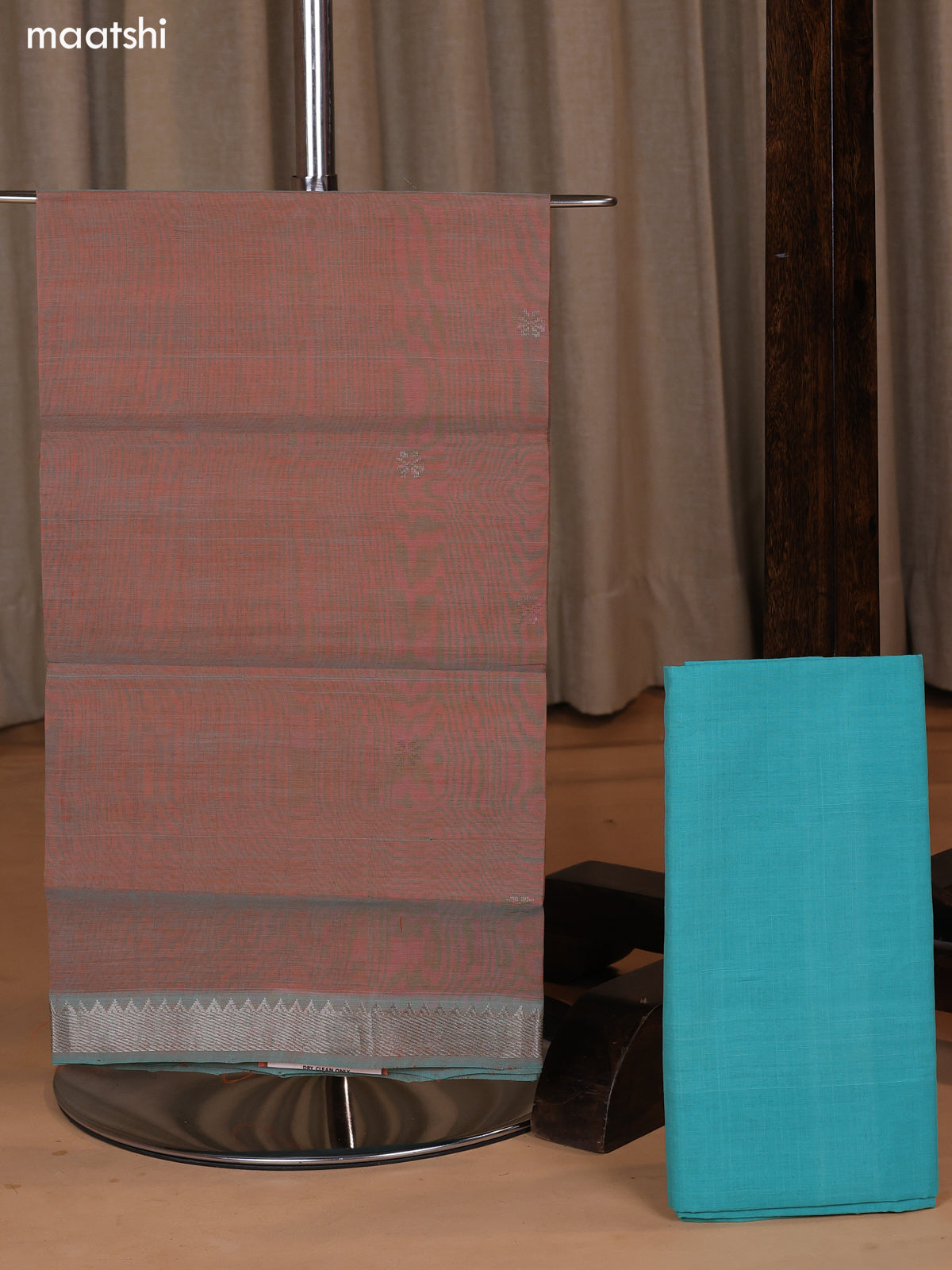 Dual Shade Of Peach and Teal Blue Mangalgiri Silk Cotton Dress Material With Zari Buttas and Bottom & Dupatta