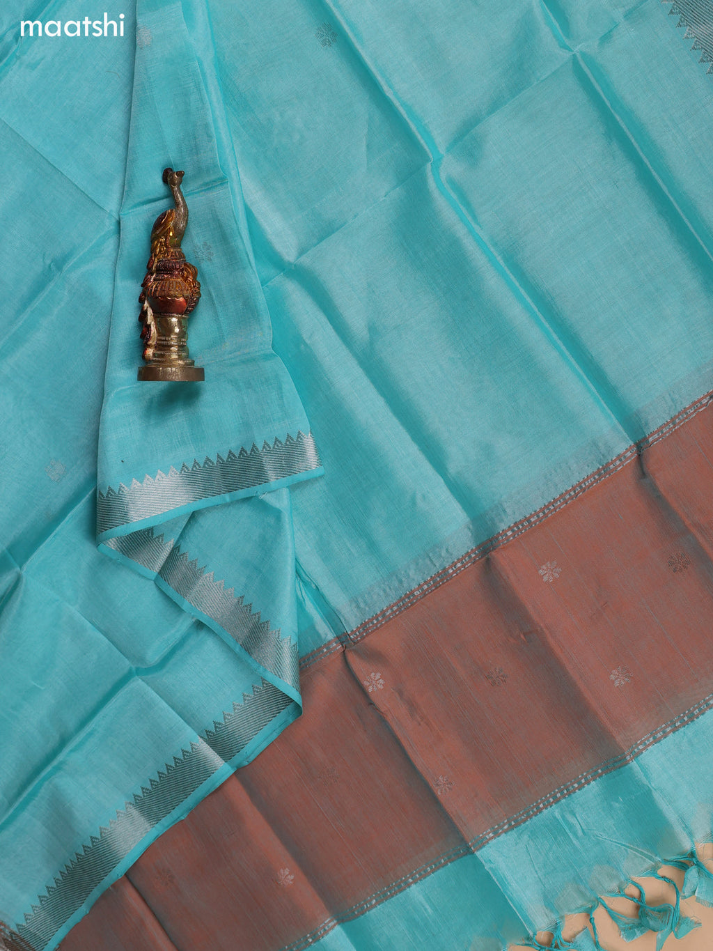 Dual Shade Of Peach and Teal Blue Mangalgiri Silk Cotton Dress Material With Zari Buttas and Bottom & Dupatta
