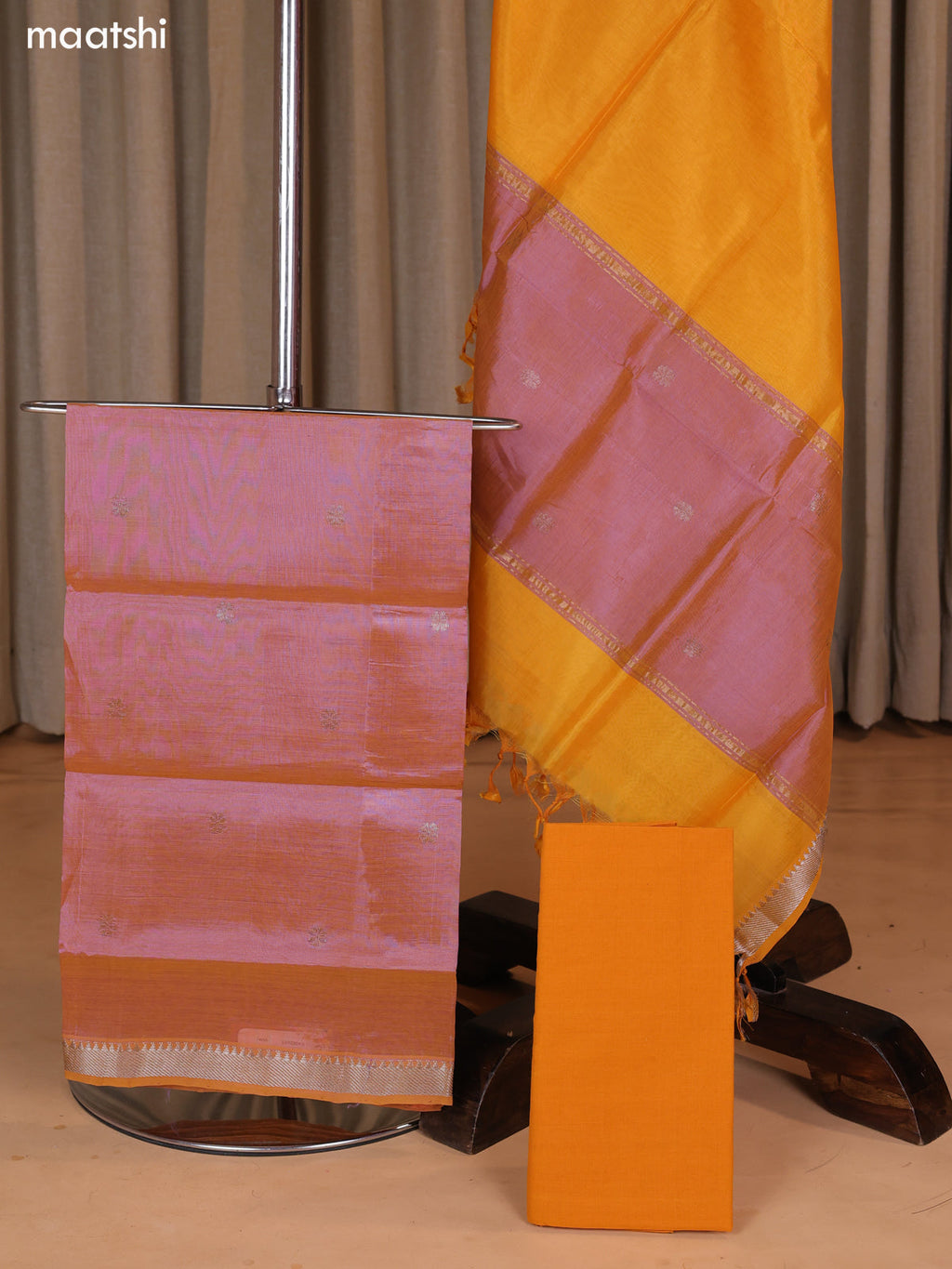 Dual Shade Of Pastel Pink and Mustard Yellow Mangalgiri Silk Cotton Dress Material With Zari Buttas and Bottom & Dupatta