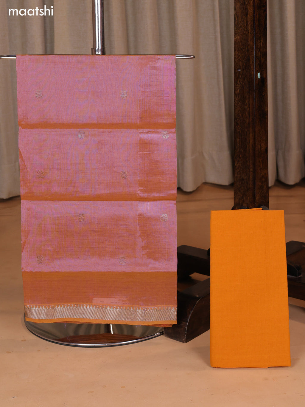 Dual Shade Of Pastel Pink and Mustard Yellow Mangalgiri Silk Cotton Dress Material With Zari Buttas and Bottom & Dupatta