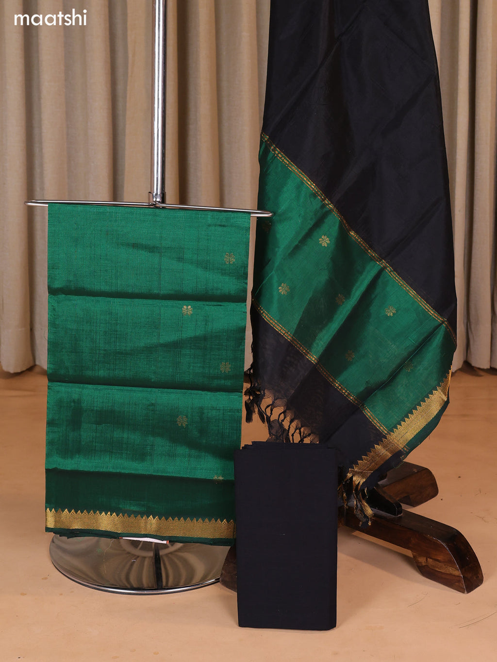 Green and Black Mangalgiri Silk Cotton Dress Material With Zari Buttas and Bottom & Dupatta