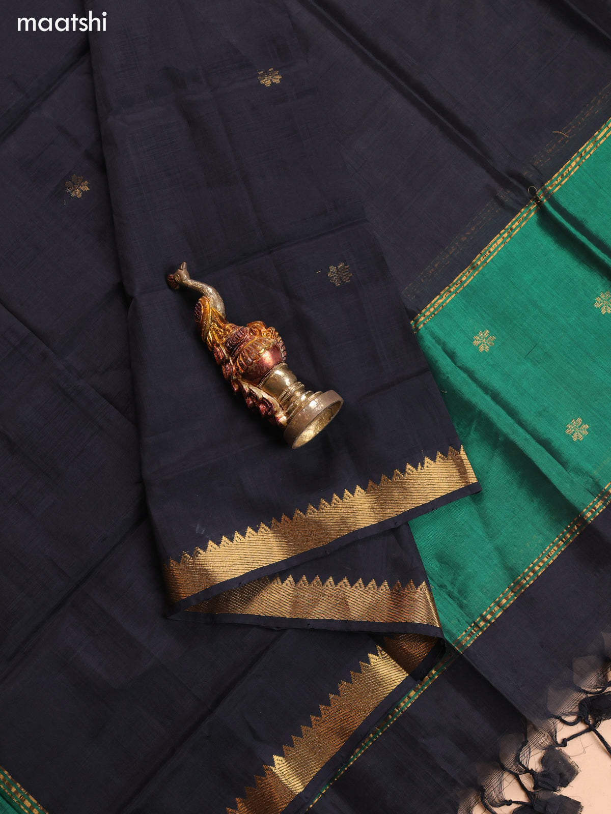 Green and Black Mangalgiri Silk Cotton Dress Material With Zari Buttas and Bottom & Dupatta