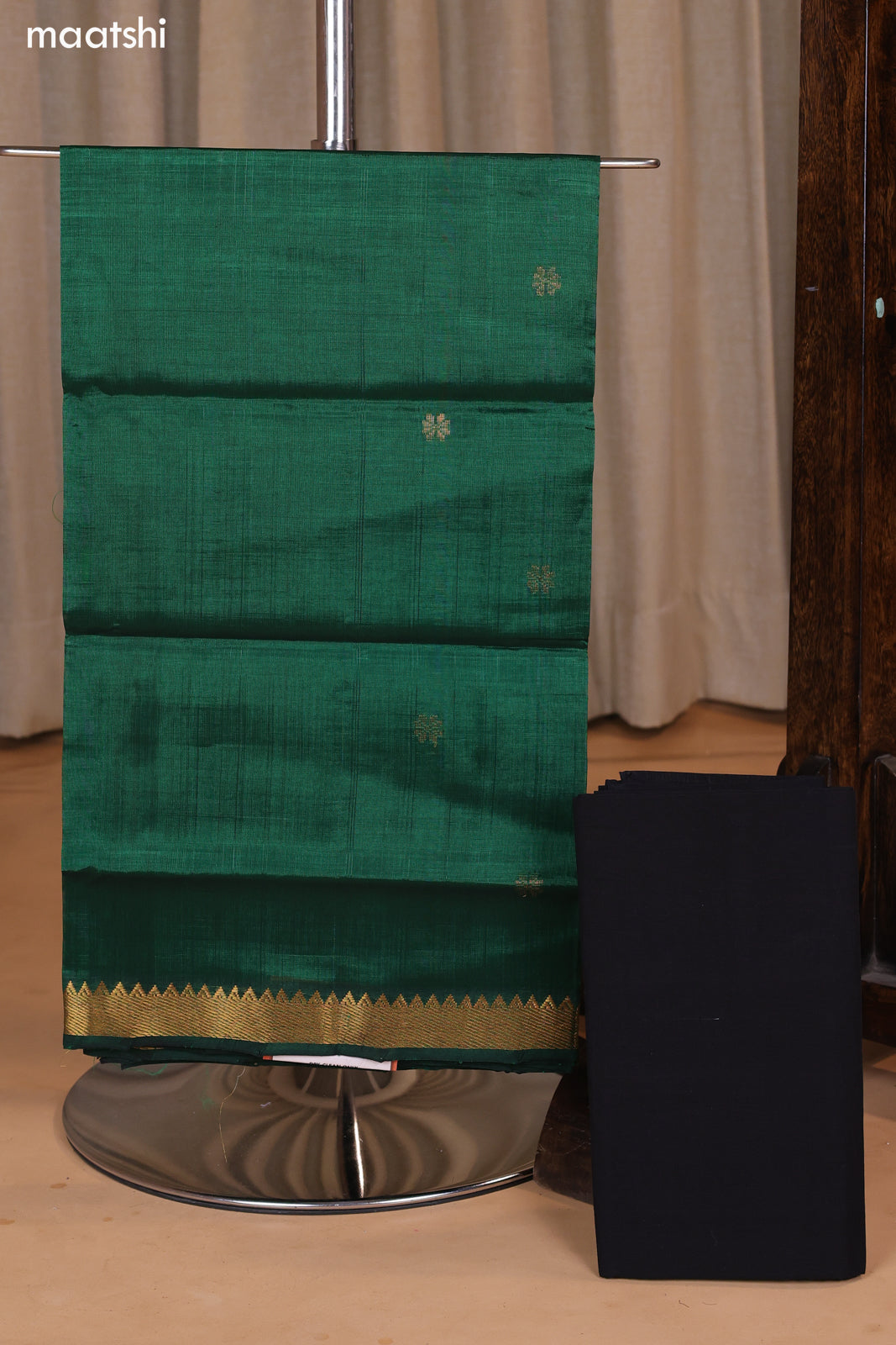 Green and Black Mangalgiri Silk Cotton Dress Material With Zari Buttas and Bottom & Dupatta