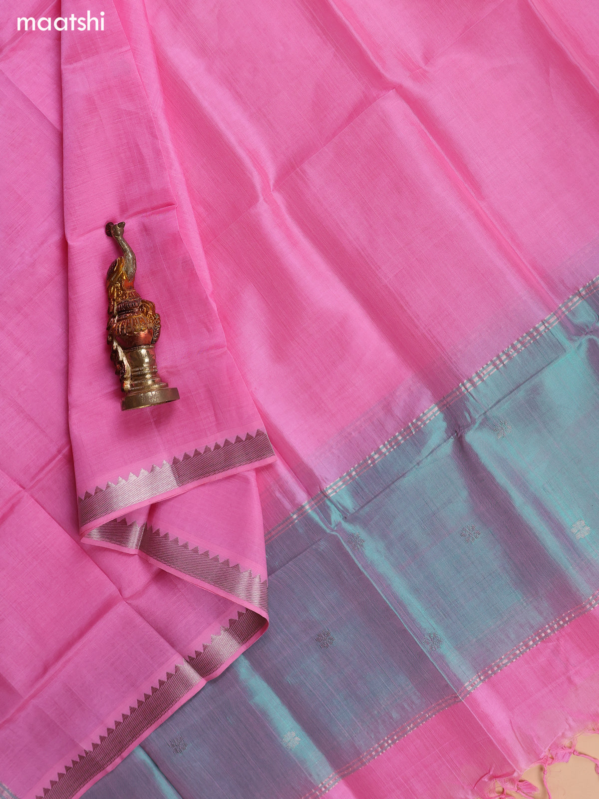 Dual Shade Of Green and Pink Mangalgiri Silk Cotton Dress Material With Zari Buttas and Bottom & Dupatta