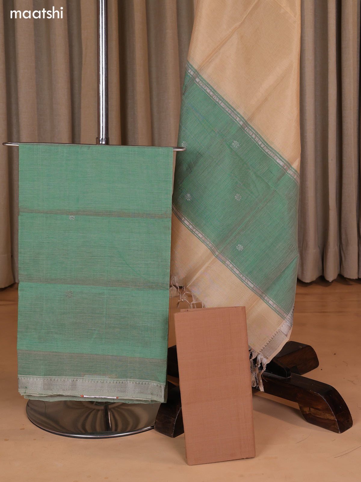 Pastel Green and Sandal Mangalgiri Silk Cotton Dress Material With Zari Buttas and Bottom & Dupatta