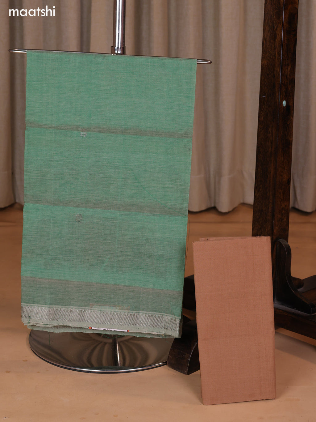 Pastel Green and Sandal Mangalgiri Silk Cotton Dress Material With Zari Buttas and Bottom & Dupatta