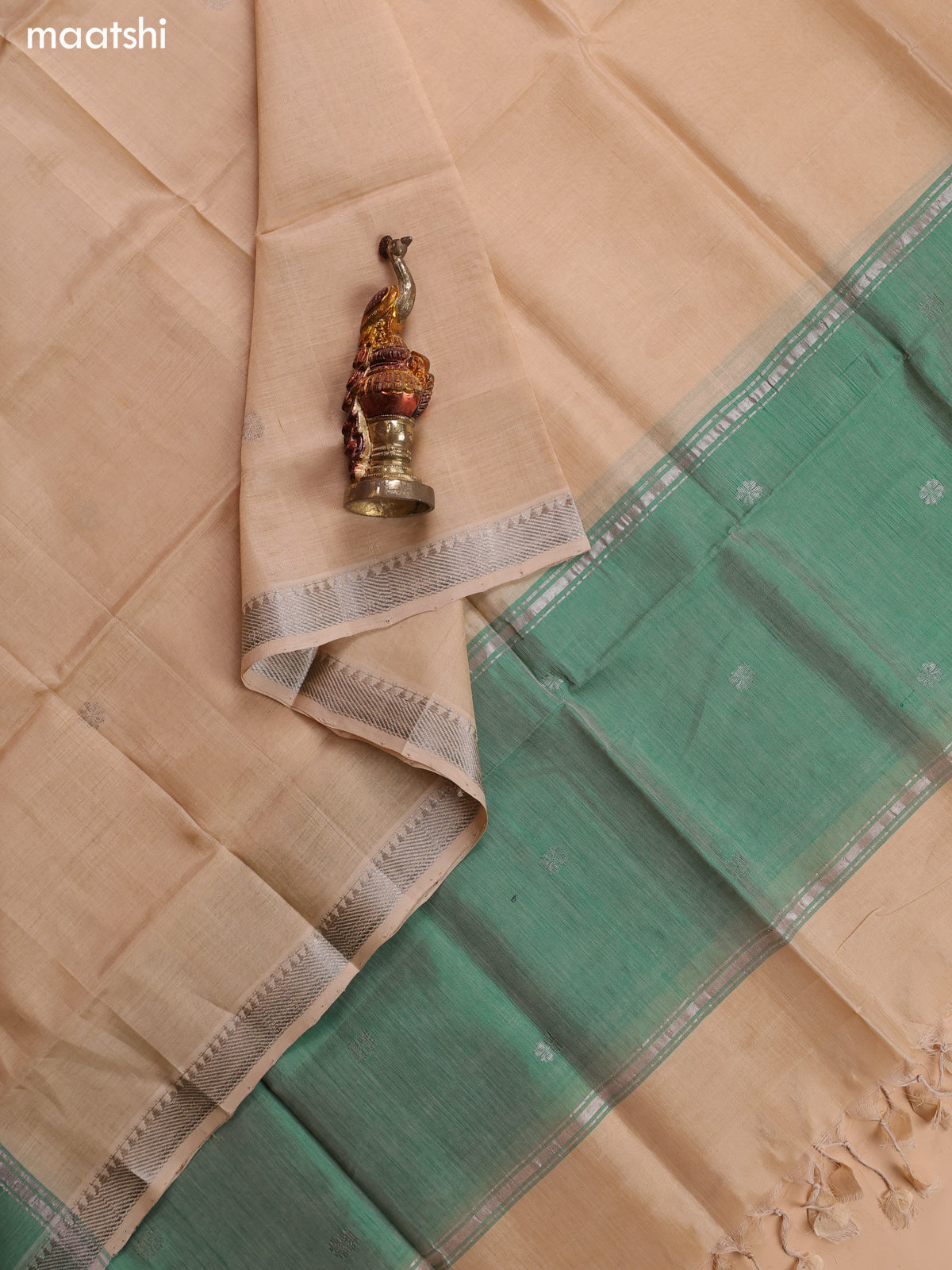 Pastel Green and Sandal Mangalgiri Silk Cotton Dress Material With Zari Buttas and Bottom & Dupatta