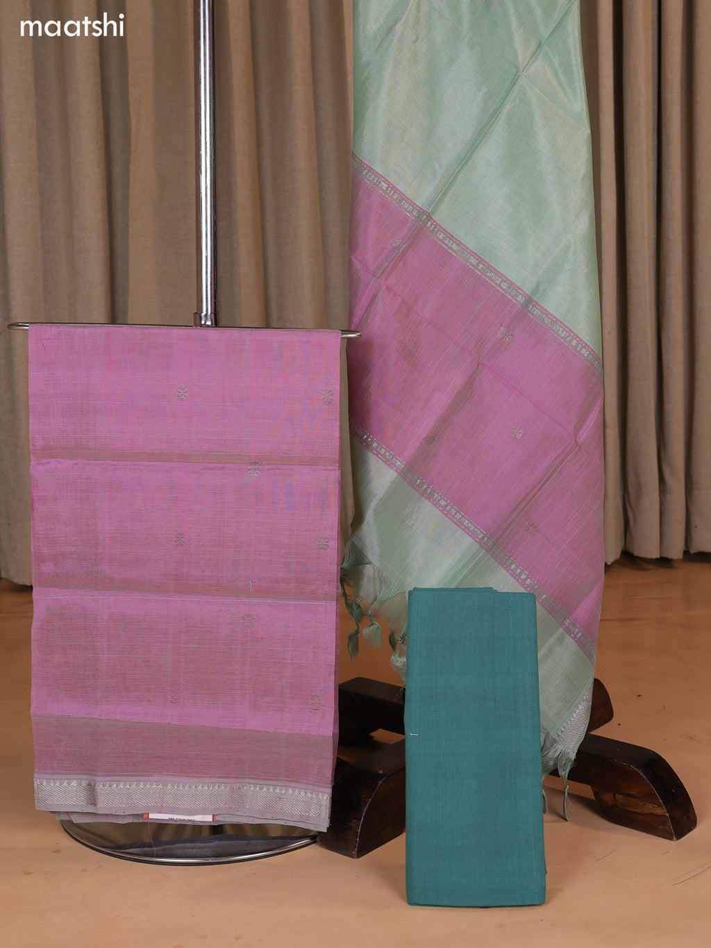 Dual Shade Of Pink and Greyish Green Mangalgiri Silk Cotton Dress Material With Zari Buttas and Bottom & Dupatta