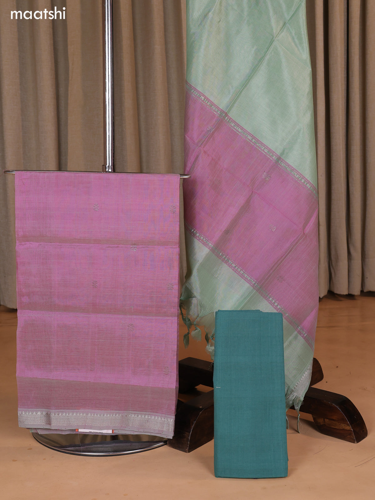 Dual Shade Of Pink and Greyish Green Mangalgiri Silk Cotton Dress Material With Zari Buttas and Bottom & Dupatta