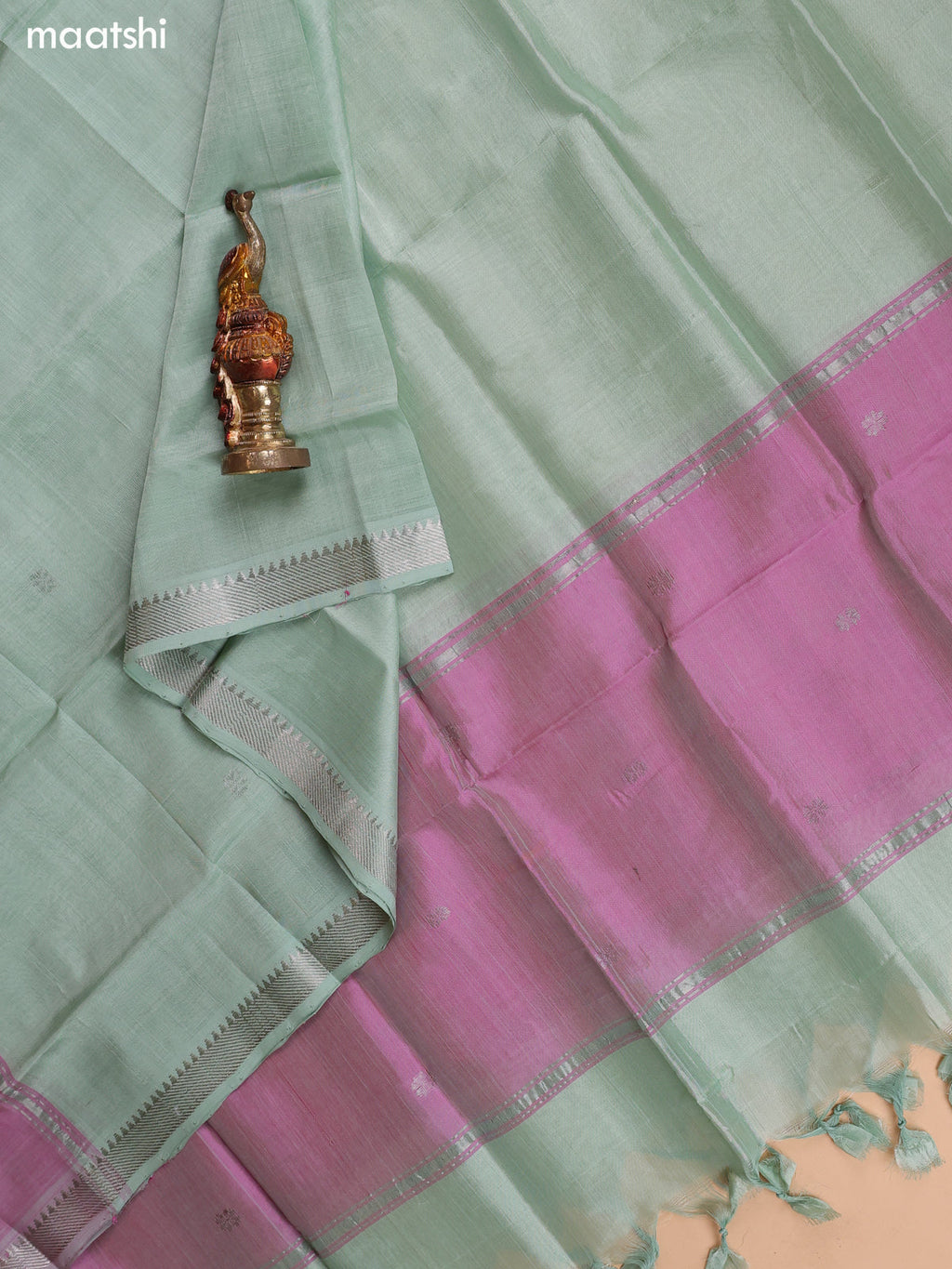 Dual Shade Of Pink and Greyish Green Mangalgiri Silk Cotton Dress Material With Zari Buttas and Bottom & Dupatta