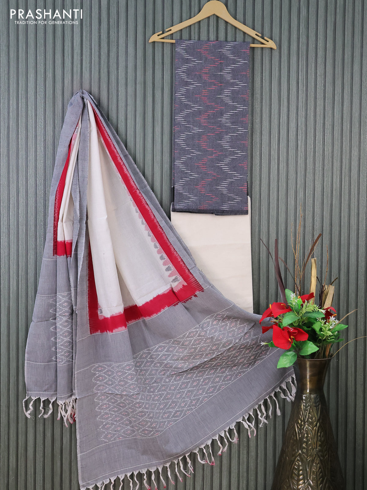 Ikat cotton dress material black and cream with allover ikat weaves and bottom & dupatta