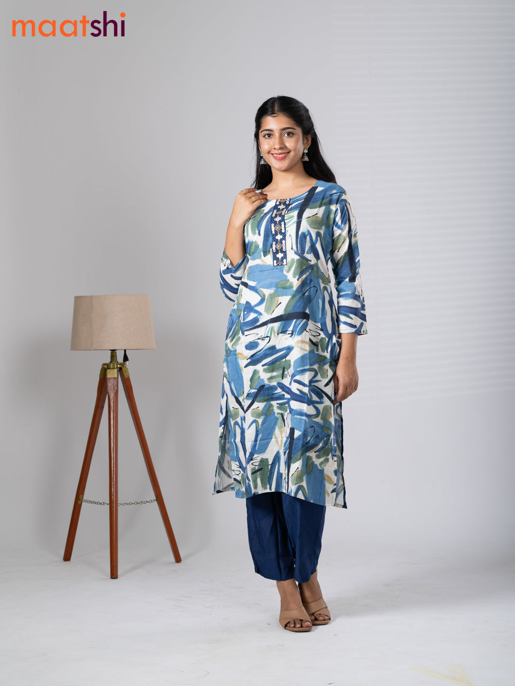 Rayon kurti set off white and navy blue with allover prints & embroidery mirror work neck pattern and straight cut pant