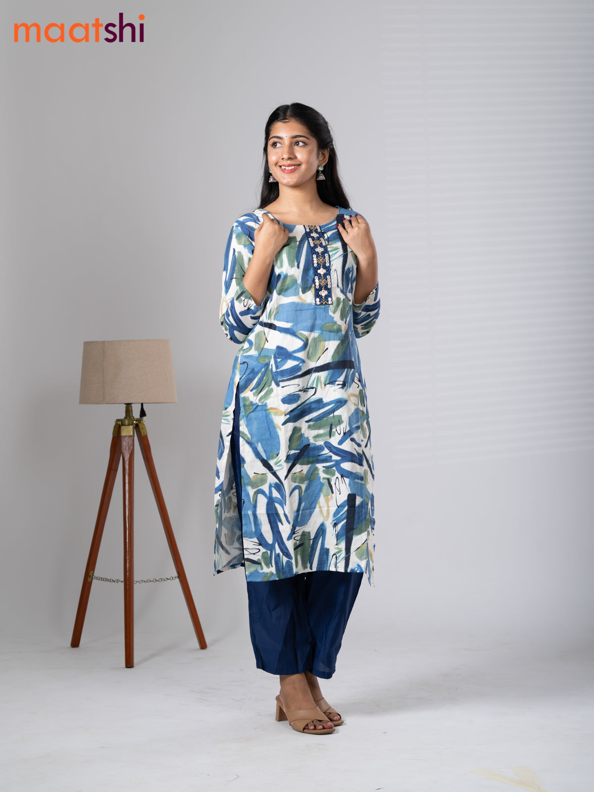 Rayon kurti set off white and navy blue with allover prints & embroidery mirror work neck pattern and straight cut pant