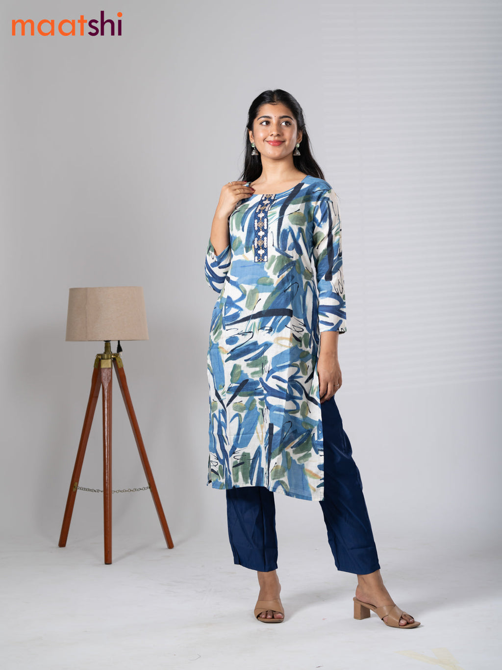 Rayon kurti set off white and navy blue with allover prints & embroidery mirror work neck pattern and straight cut pant