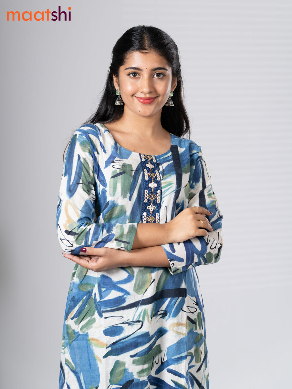 Rayon kurti set off white and navy blue with allover prints & embroidery mirror work neck pattern and straight cut pant