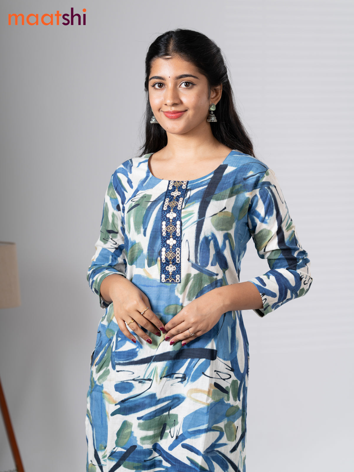 Rayon kurti set off white and navy blue with allover prints & embroidery mirror work neck pattern and straight cut pant