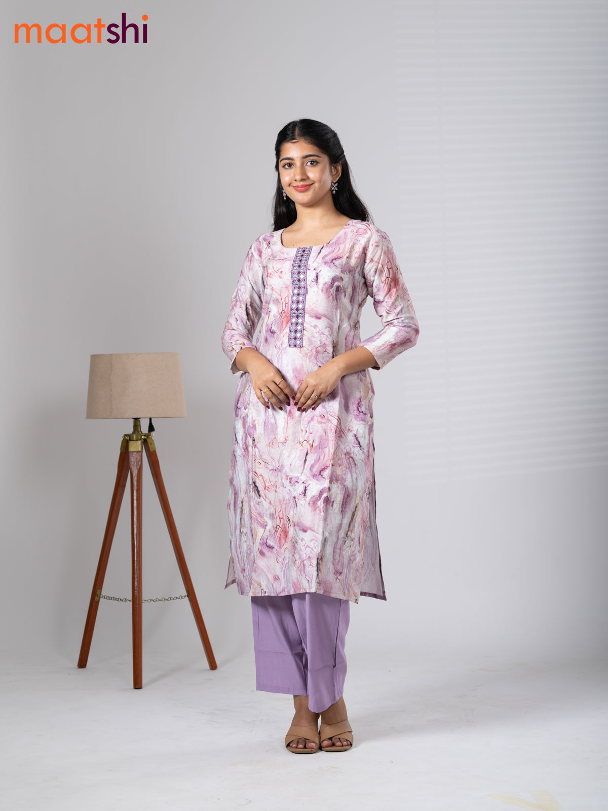 Rayon cotton readymade kurti set off white and lavender with allover prints & embroidery mirror work neck pattern and straight cut pant
