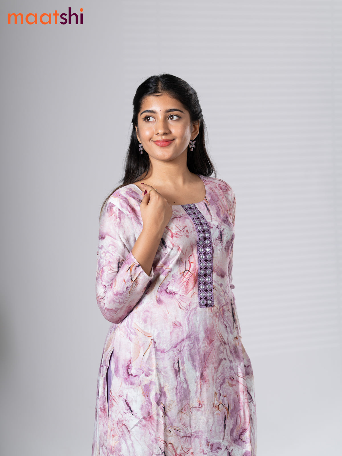 Rayon cotton readymade kurti set off white and lavender with allover prints & embroidery mirror work neck pattern and straight cut pant