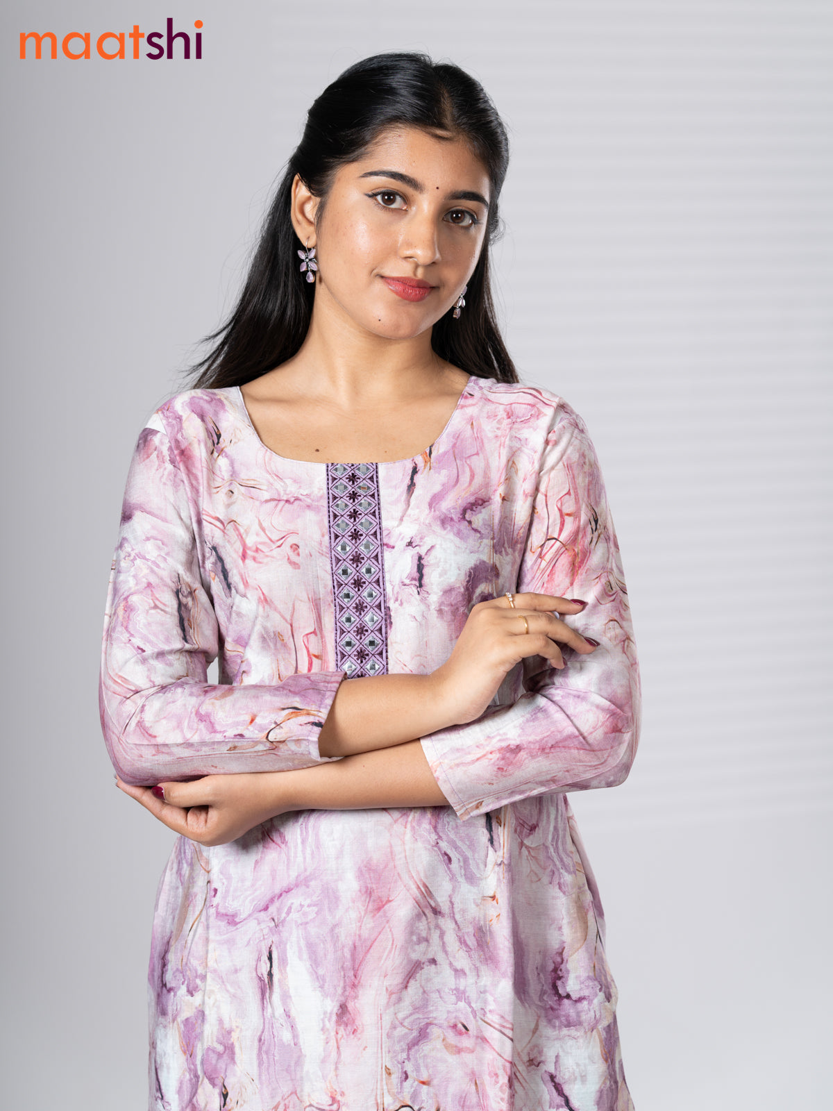 Rayon cotton readymade kurti set off white and lavender with allover prints & embroidery mirror work neck pattern and straight cut pant