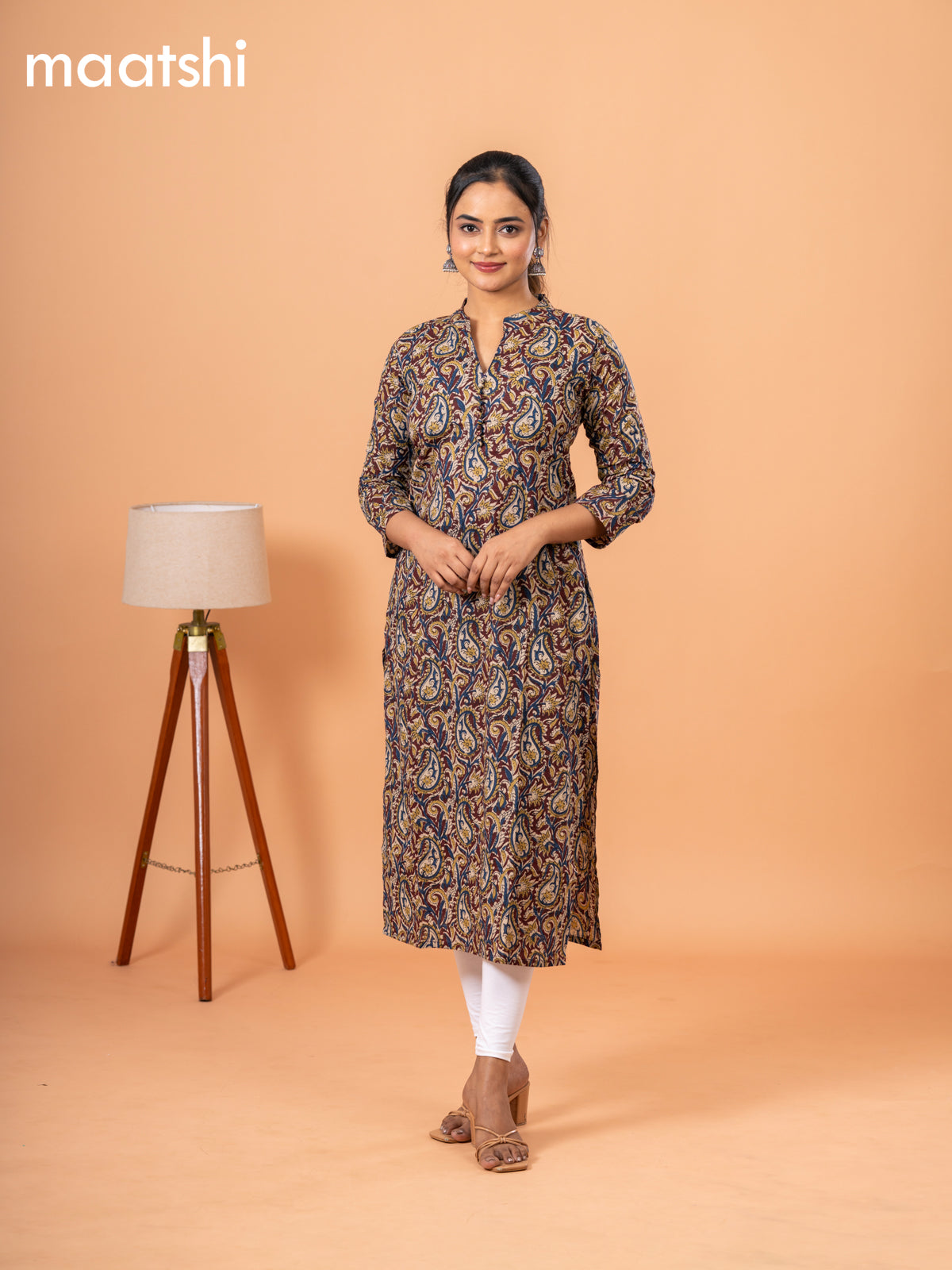Cotton kurti deep maroon with kalamkari prints & simple neck pattern and without pant