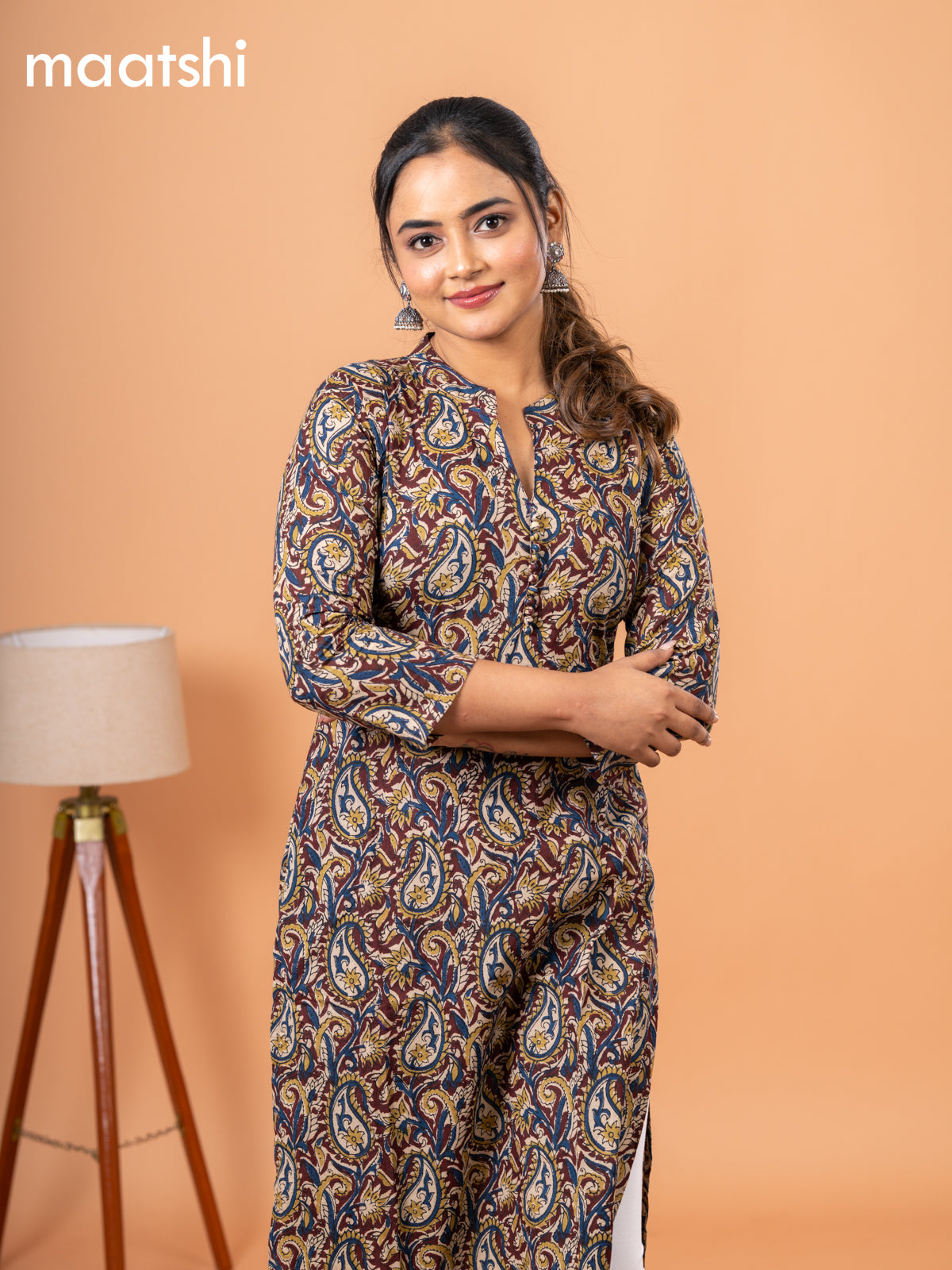 Cotton kurti deep maroon with kalamkari prints & simple neck pattern and without pant