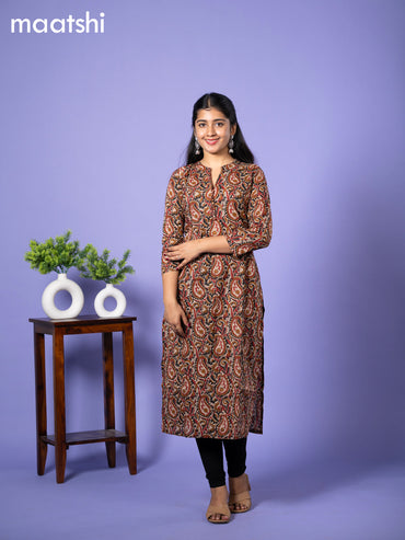 Cotton kurti cream and black maroon with allover kalamkari prints & simple neck pattern and without pant