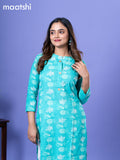Cotton readymade kurti teal blue with allover prints & simple neck pattern and without pant
