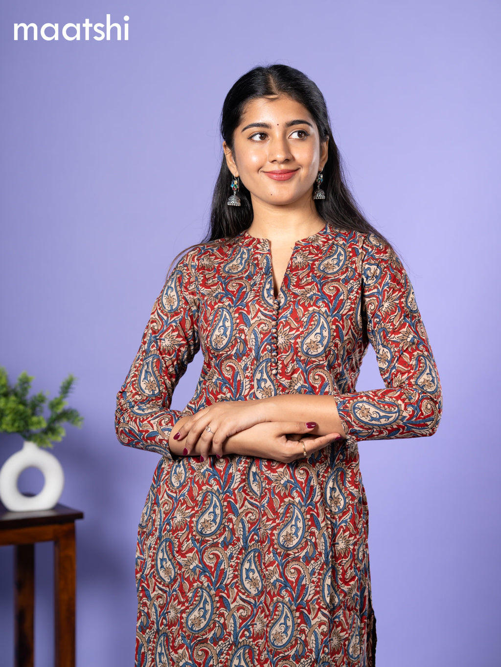 Cotton readymade kurti cream and maroon blue with allover kalamkari prints & simple neck pattern and without pant