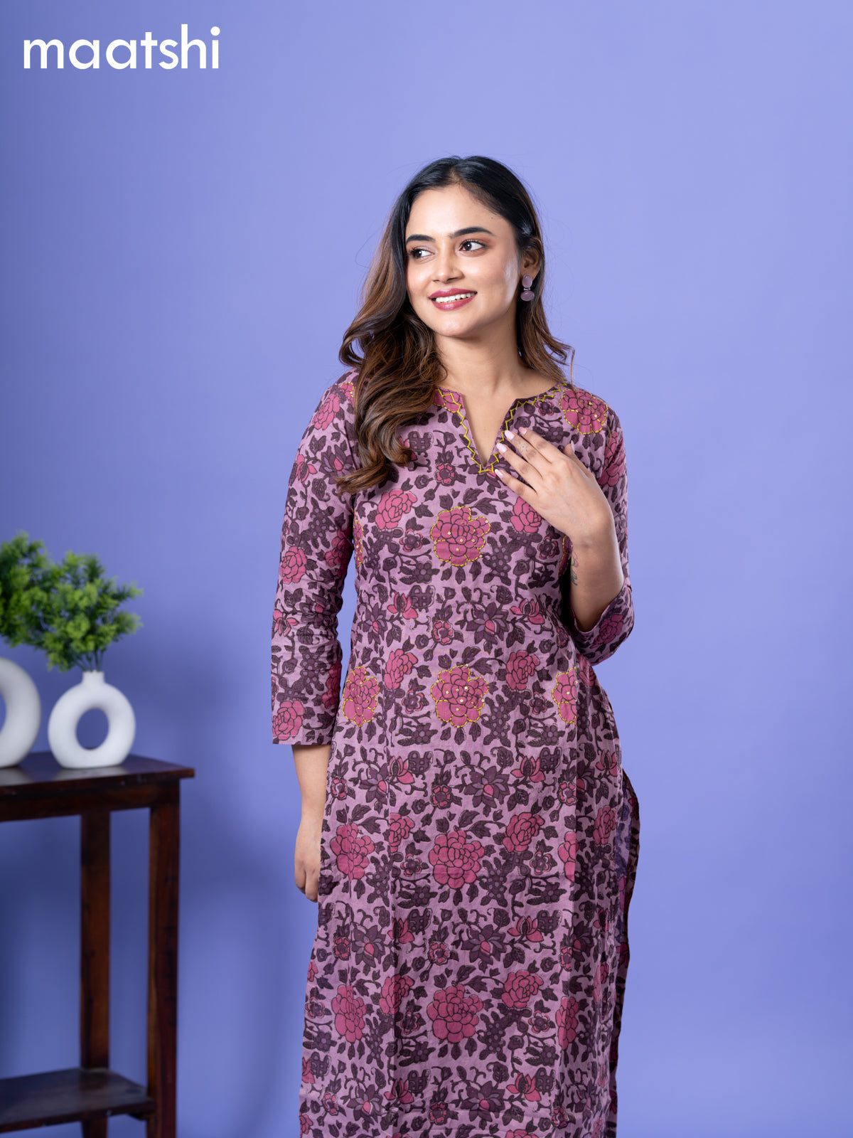 Cotton readymade kurti pastel pink with allover floral prints & kantha work and without pant