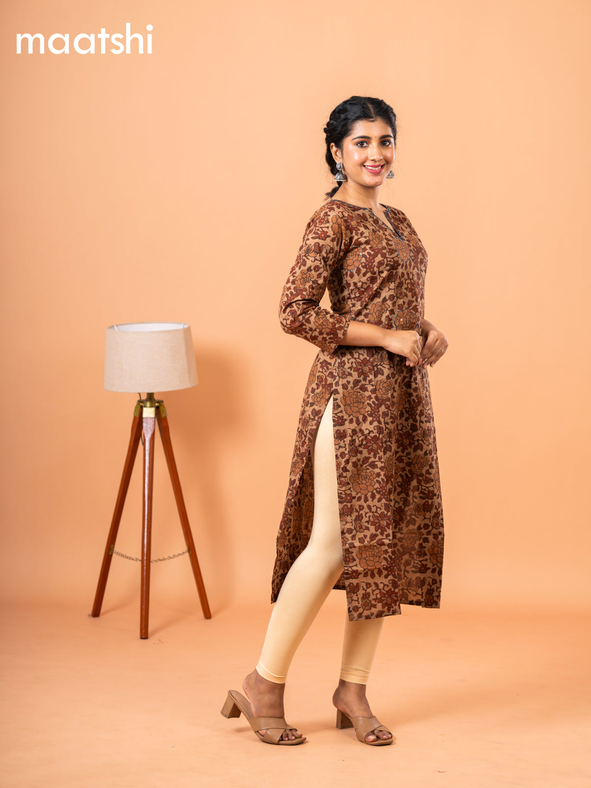 Cotton readymade kurti dark sandal and maroon with kalamkari prints & kantha stitch work neck pattern and without pant