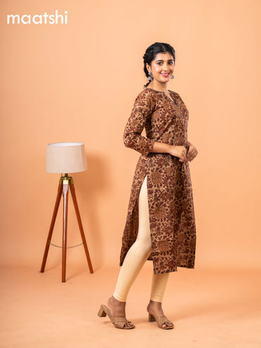 Cotton readymade kurti dark sandal and maroon with kalamkari prints & kantha stitch work neck pattern and without pant