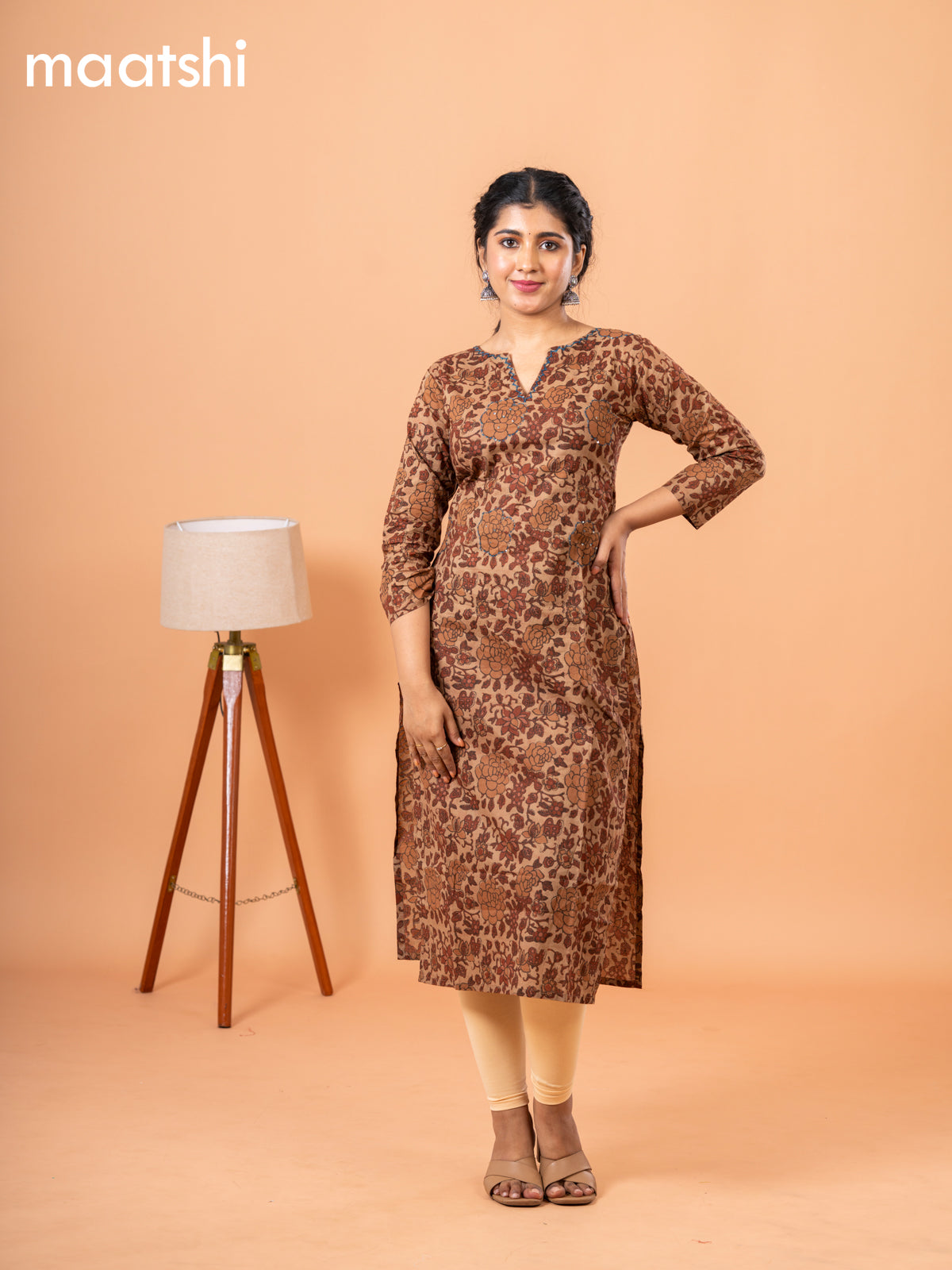 Cotton readymade kurti dark sandal and maroon with kalamkari prints & kantha stitch work neck pattern and without pant