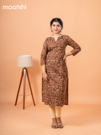 Cotton readymade kurti dark sandal and maroon with kalamkari prints & kantha stitch work neck pattern and without pant