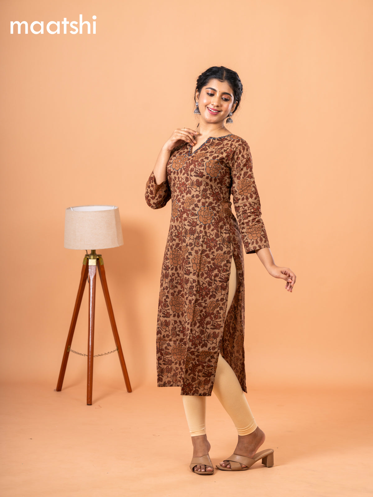 Cotton readymade kurti dark sandal and maroon with kalamkari prints & kantha stitch work neck pattern and without pant