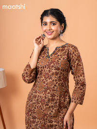 Cotton readymade kurti dark sandal and maroon with kalamkari prints & kantha stitch work neck pattern and without pant