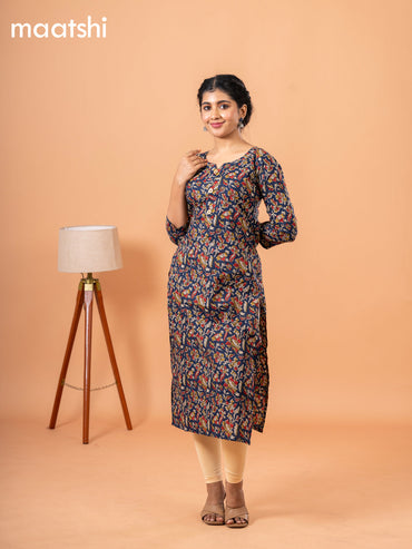 Cotton readymade kurti blue with kalamkari prints & simple neck pattern and without pant