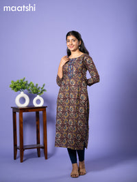 Cotton readymade kurti deep maroon and blue with allover kalamkari prints & simple neck pattern and without pant