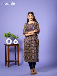 Cotton readymade kurti deep maroon and blue with allover kalamkari prints & simple neck pattern and without pant