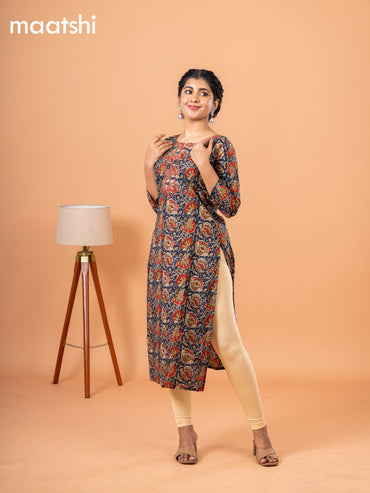 Cotton kurti dark blue and maroon with kalamkari prints & embriodery sequin work neck pattern and without pant