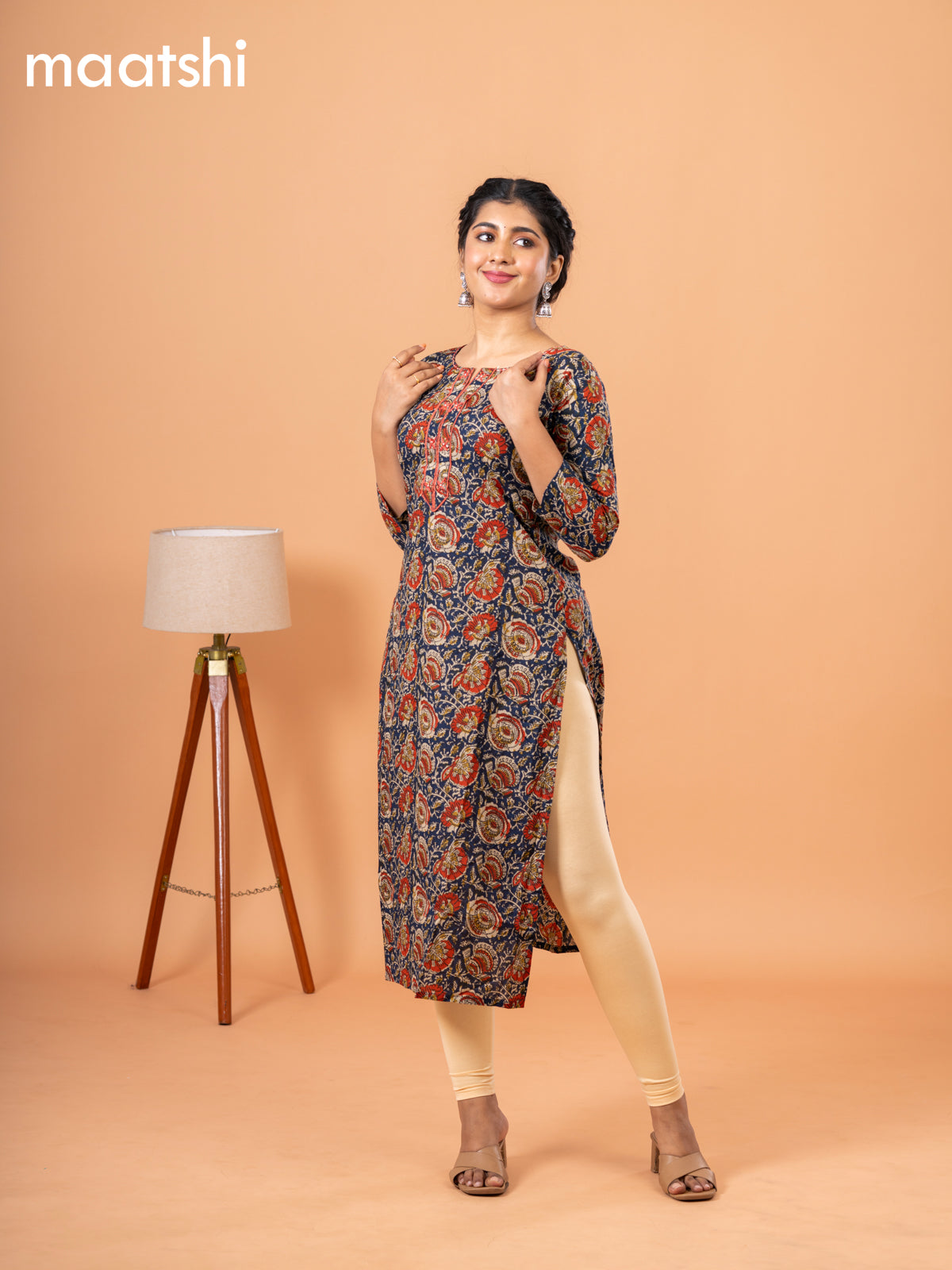 Cotton kurti dark blue and maroon with kalamkari prints & embriodery sequin work neck pattern and without pant