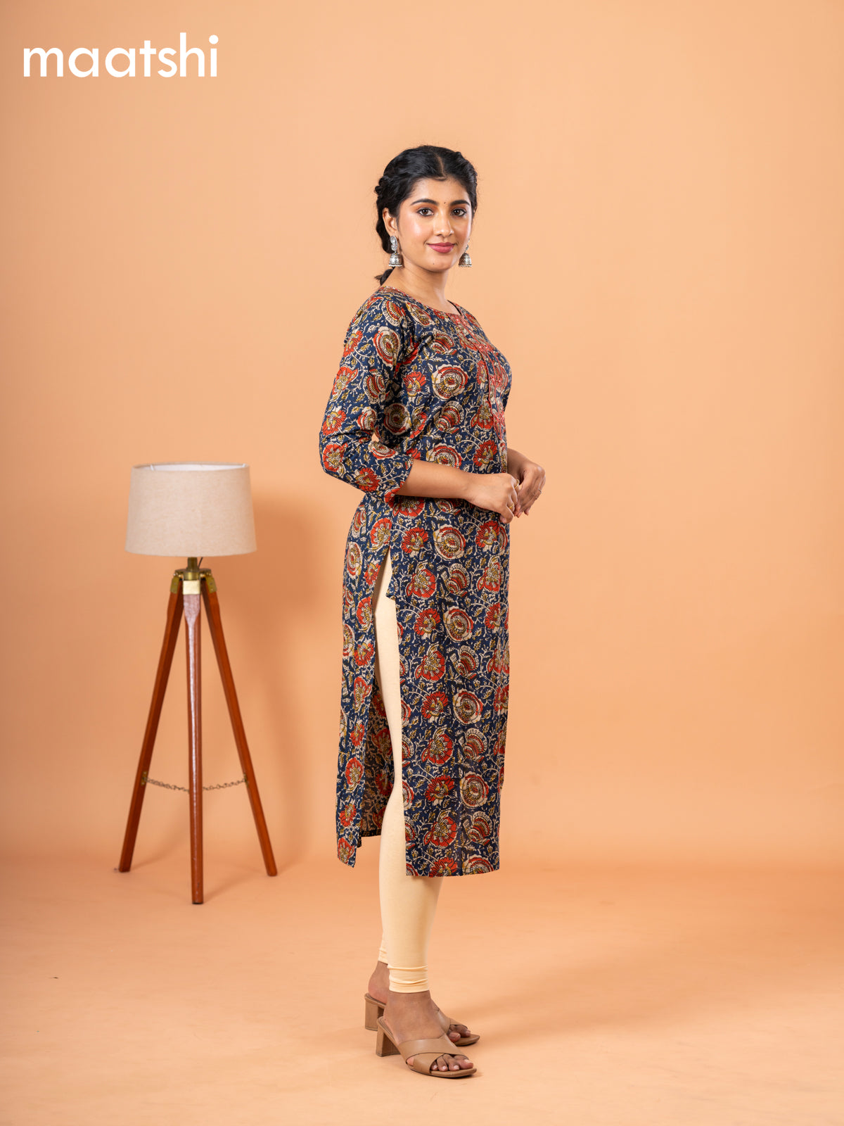 Cotton kurti dark blue and maroon with kalamkari prints & embriodery sequin work neck pattern and without pant