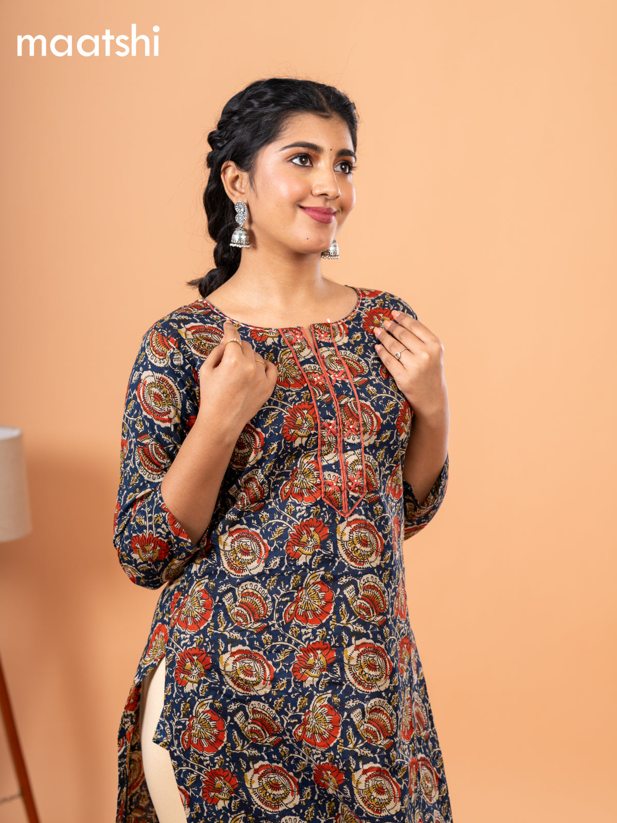 Cotton kurti dark blue and maroon with kalamkari prints & embriodery sequin work neck pattern and without pant