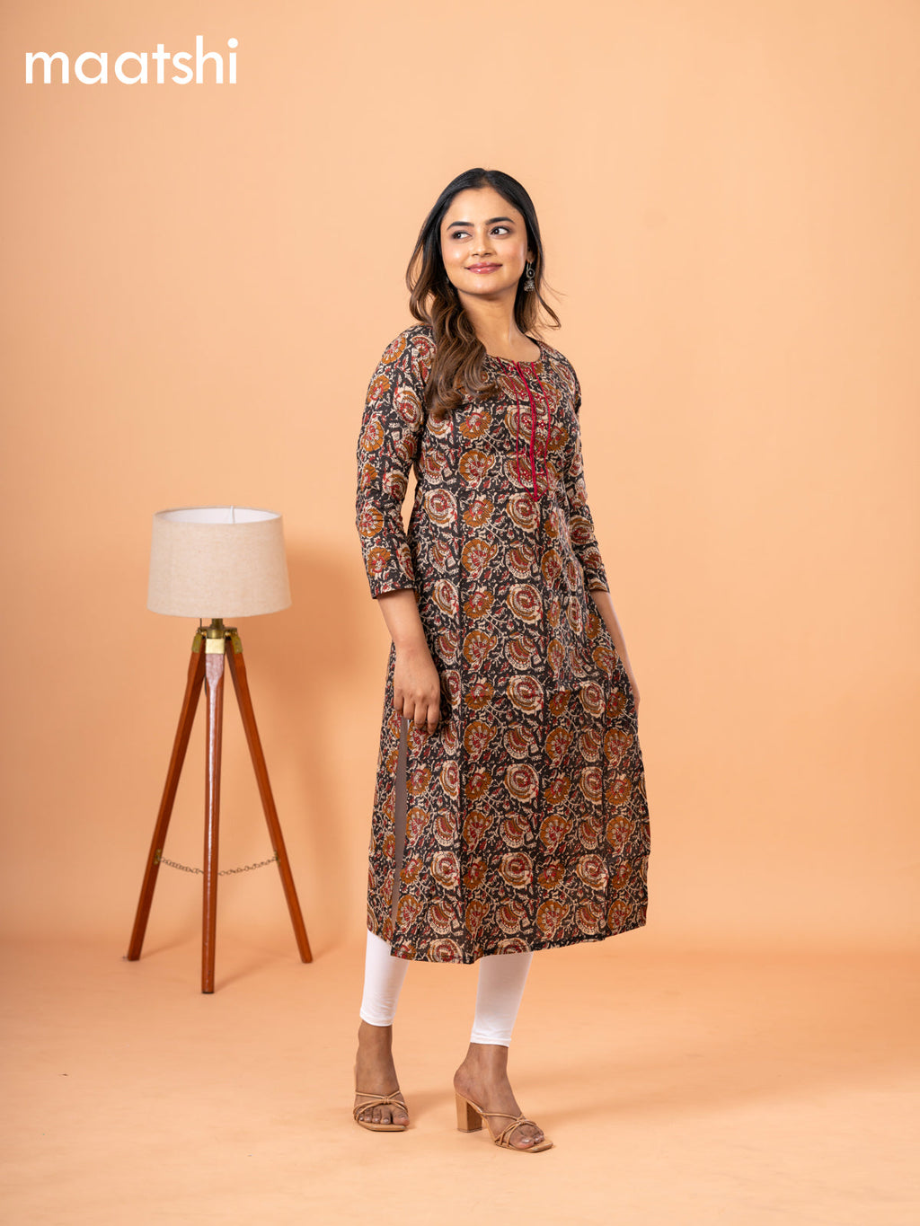 Cotton readymade kurti black with kalamkari prints & embriodery sequin work neck pattern and without pant