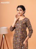 Cotton readymade kurti deep maroon and beige with kalamkari prints & kantha stitch sequin work neck pattern and without pant